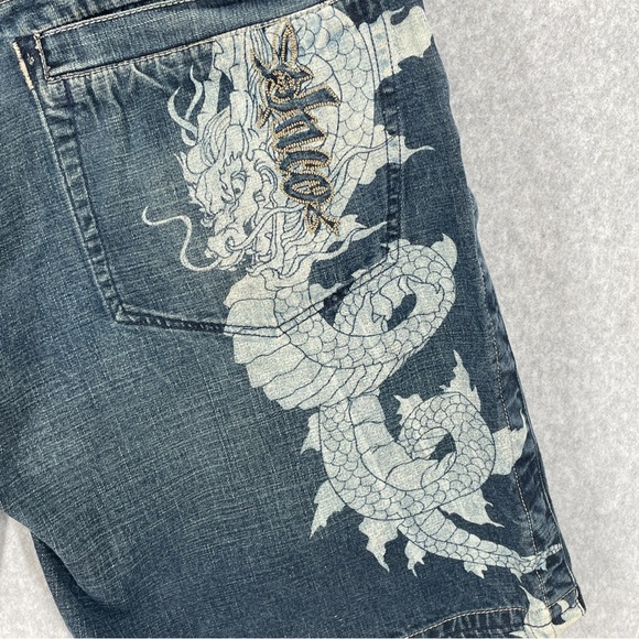 Vintage Jnco Jean Shorts 90s Skater Rare Dragon Design Baggy Fit Size 34 Blue - Picture 12 of 16